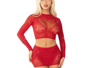 Leg Avenue Rhinestone Crop Top and Mini Skirt Red