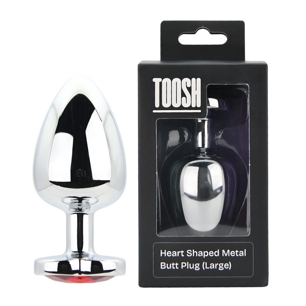 Toosh Heart Shaped Silver Butt Plug with Red Stone Large - Image 11