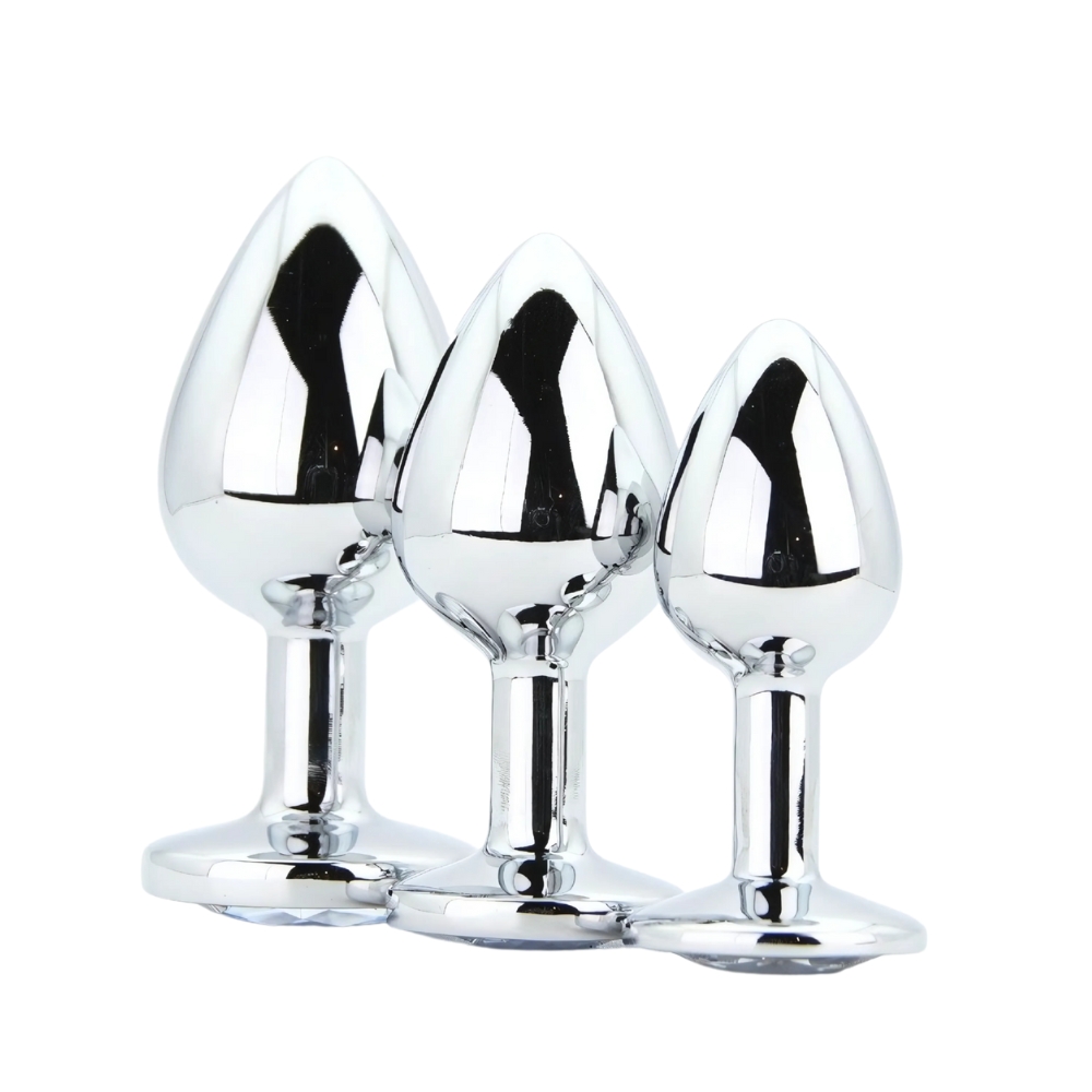 Toosh Metal Butt Plug Silver Set of 3 Clear Stone - Image 3