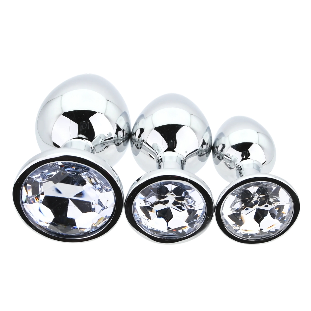 Toosh Metal Butt Plug Silver Set of 3 Clear Stone - Image 4