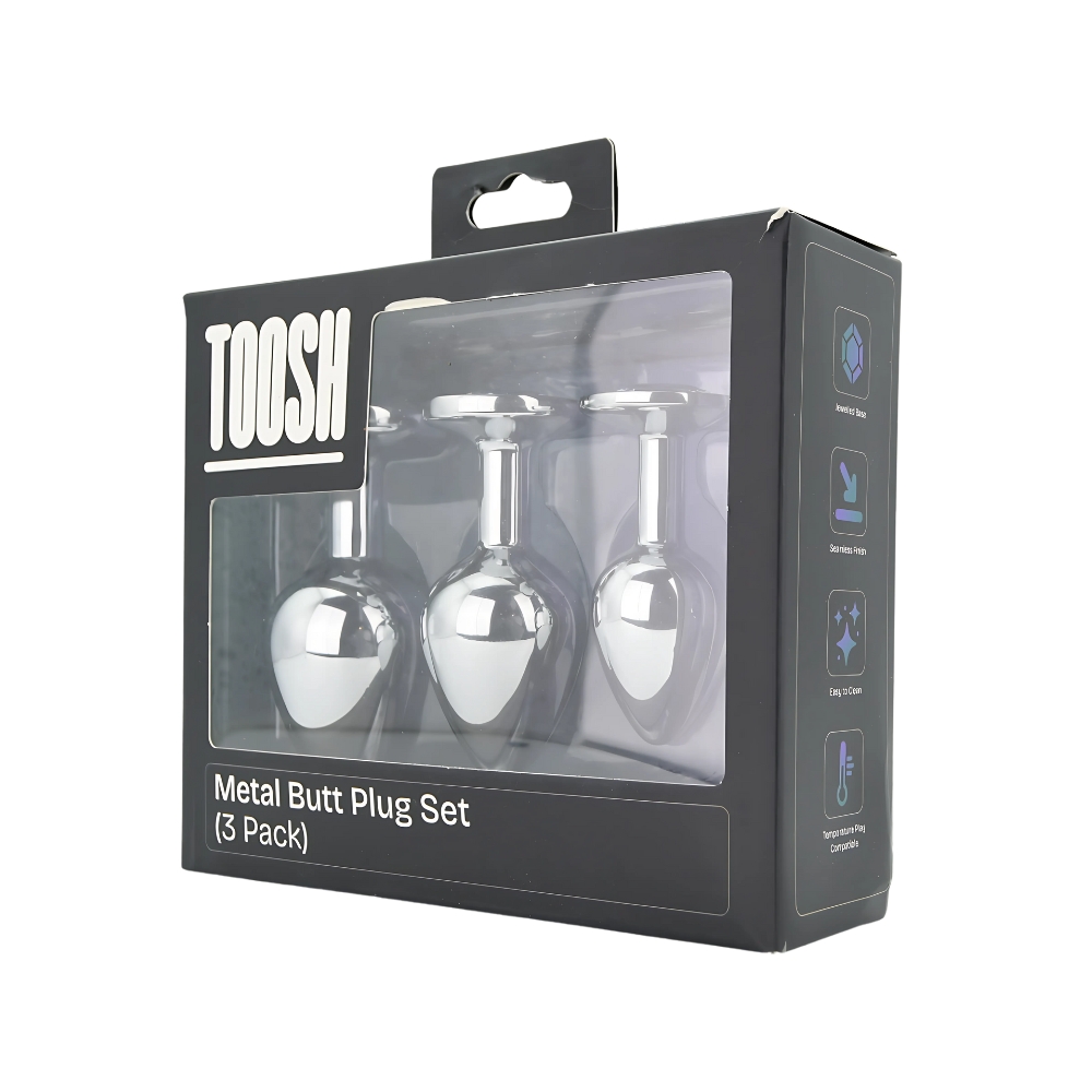 Toosh Metal Butt Plug Silver Set of 3 Clear Stone - Image 11