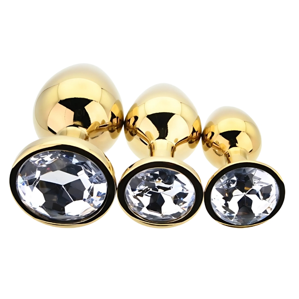 Toosh Metal Butt Plug Gold Set of 3 Clear Stone - Image 8
