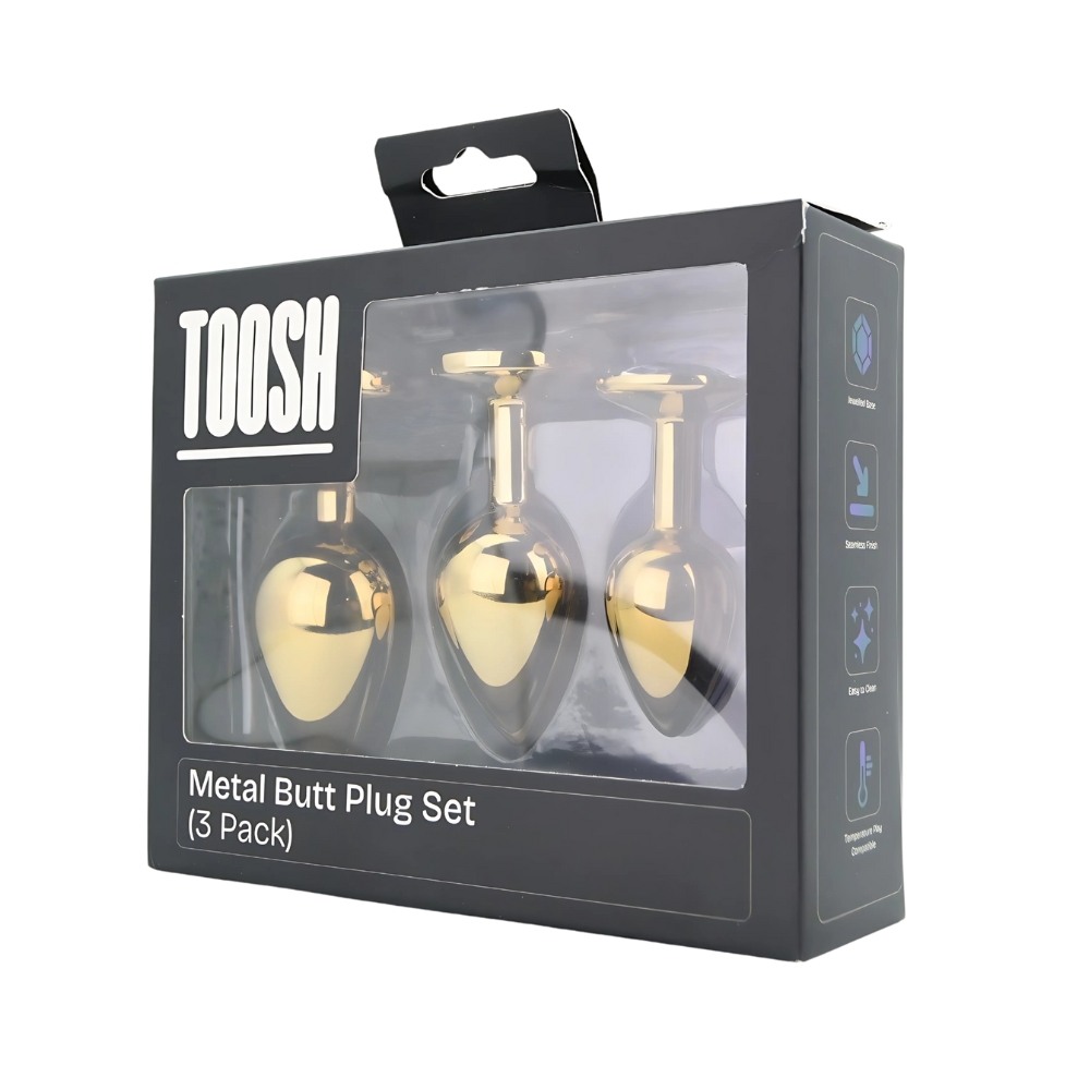 Toosh Metal Butt Plug Gold Set of 3 Clear Stone - Image 11