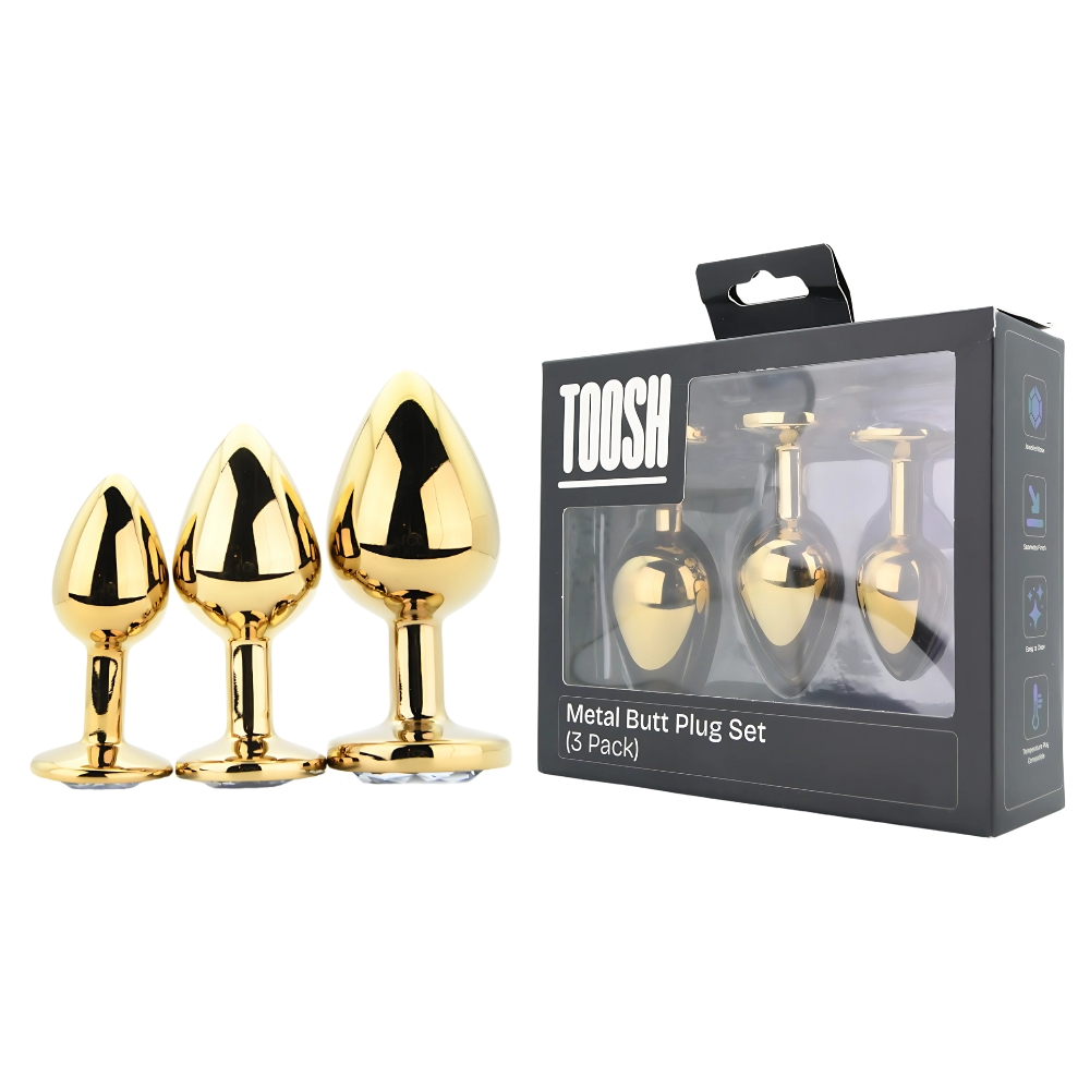 Toosh Metal Butt Plug Gold Set of 3 Clear Stone - Image 12
