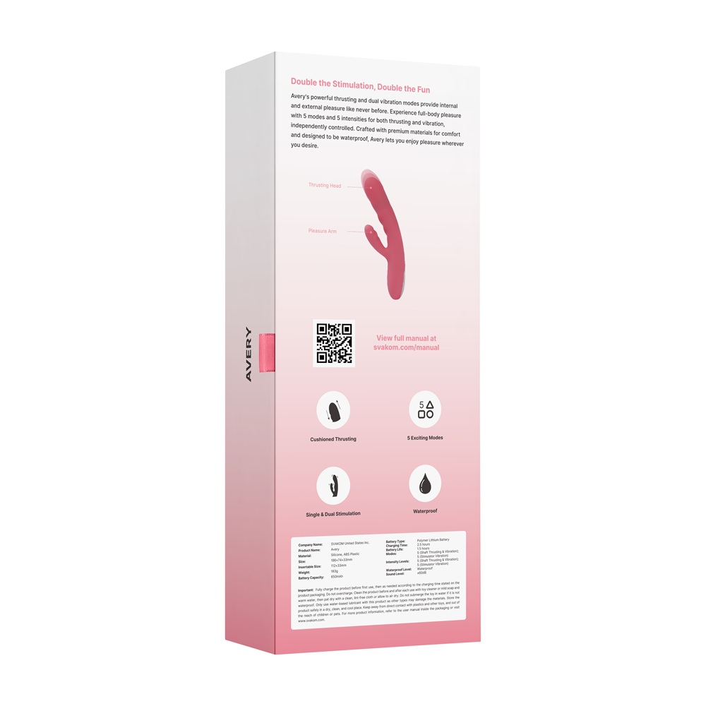 Svakom Avery Thrusting Vibrator with Clitoral Stimulator Pink - Image 12