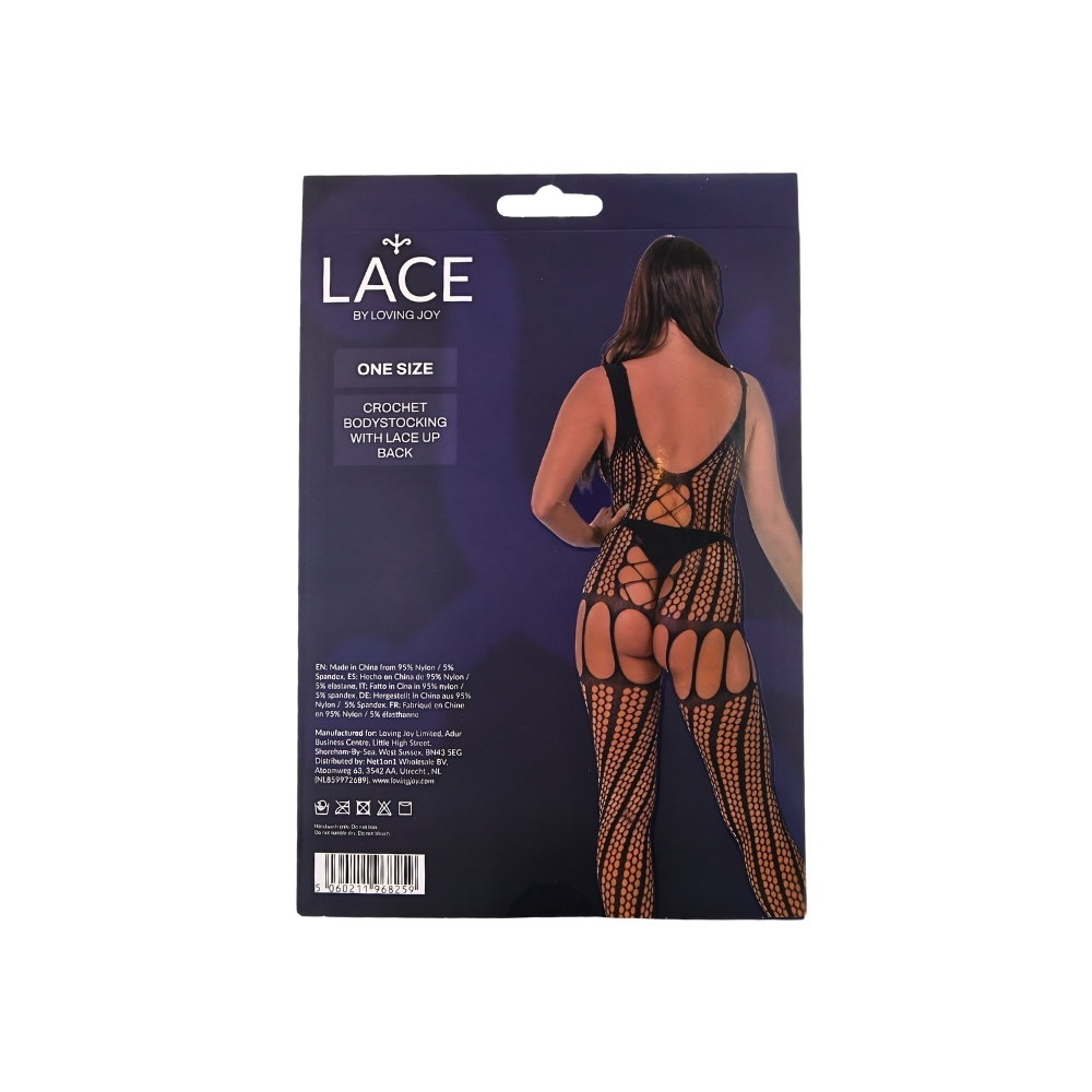 Lace by LJ Crochet Bodystocking with Lace Up Back Black - Image 6