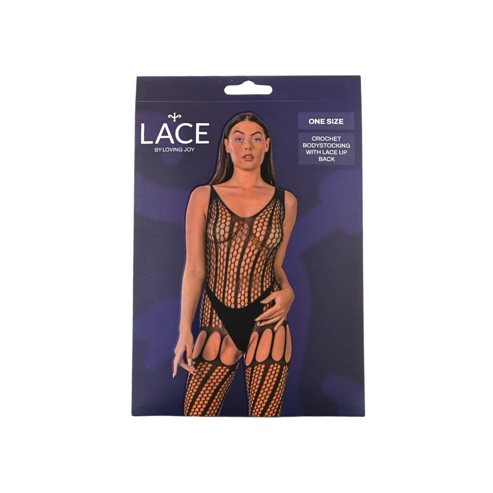 Lace by LJ Crochet Bodystocking with Lace Up Back Black - Image 5