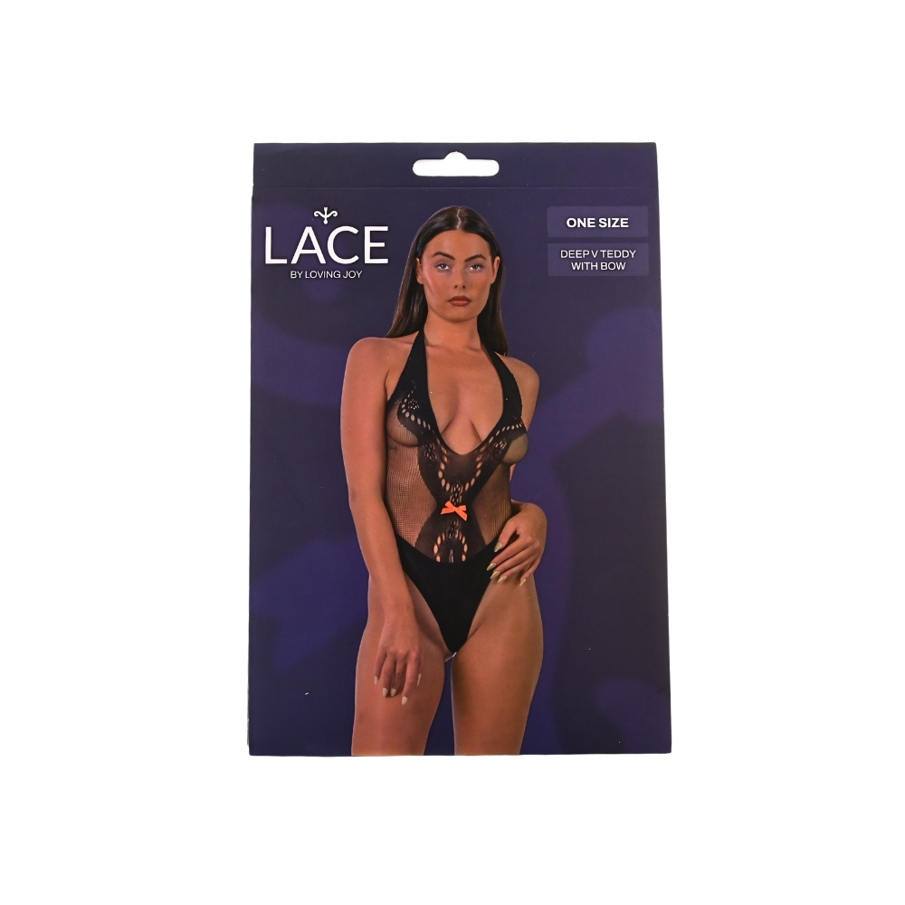 Lace by LJ Deep V Teddy with Bow Black - Image 5